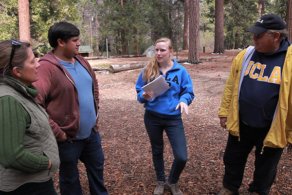 Emily Ann Parker, a student in the IoES senior capstone practicum research course, conducts a survey on water use at UCLA's Unicamp near Big Bear. Photo by John Vande Wege.