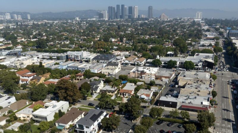 An aerial view of a single family home neighborhoods on the Westside of Los Angeles.