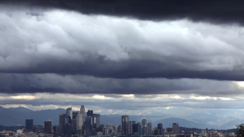 Despite a recent spate of storms that hit California, the Sierra Nevada is suffering a severe, early season ‘snow drought,’ experts say. Here, storm clouds dwarf downtown Los Angeles on Dec. 21, 2023. Credit Genaro Molina. Los Angeles Times