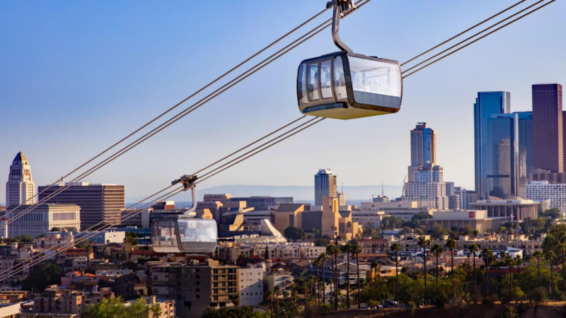 A rendering of a proposed Dodger Stadium gondola project that would aim to ferry up to 5,000 passengers an hour from Union Station in downtown L.A. to the stadium.(LA Aerial Rapid Transit)