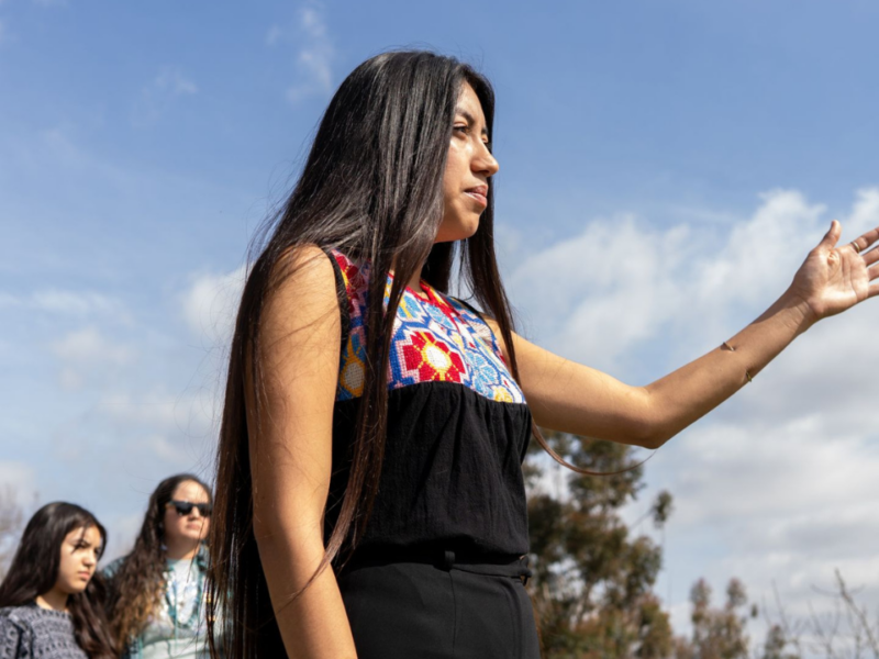 Ary Amaya looks out over the Chief Ya’anna Regenerative Learning Village in northeast Los Angeles, an open space acquired in 2022 by Indigenous leaders and educators from the Anawakalmekak school.