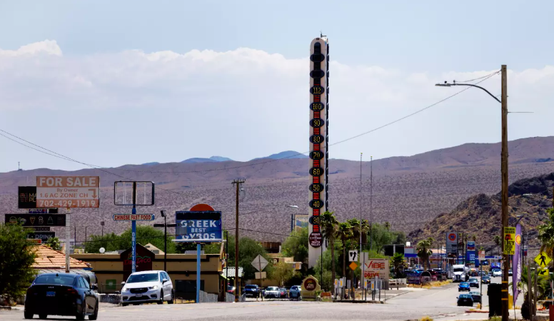 A giant thermometer in Baker, California reads 112 degrees on Friday