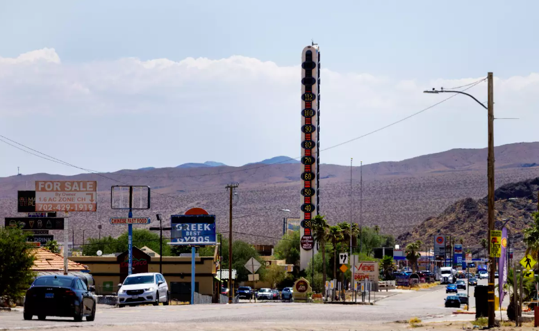 A giant thermometer in Baker, California reads 112 degrees on Friday