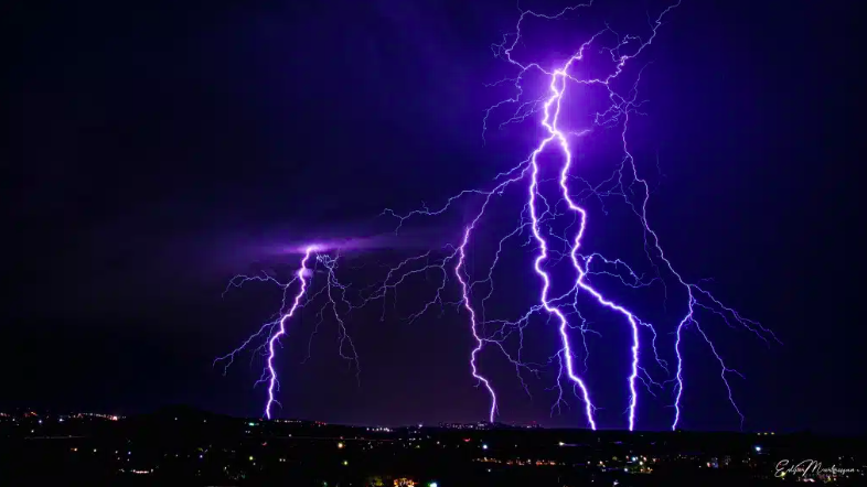 Purple lightning and thunderstorm