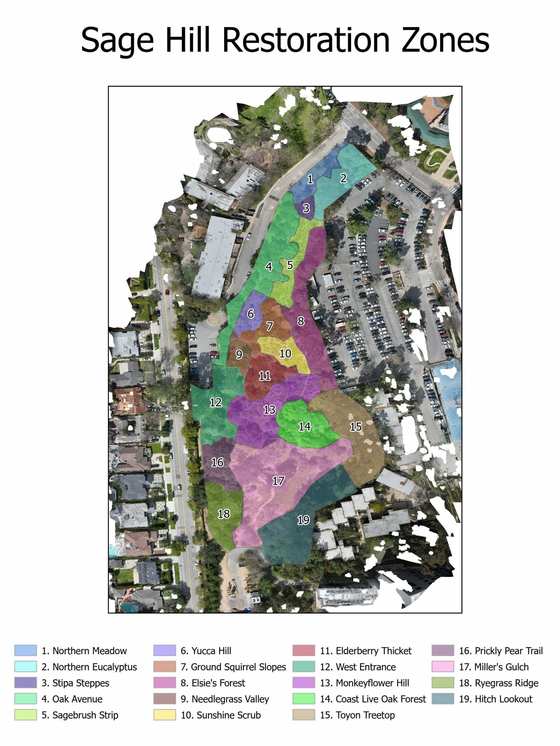 A map showing color coded restoration zones at Sage Hill