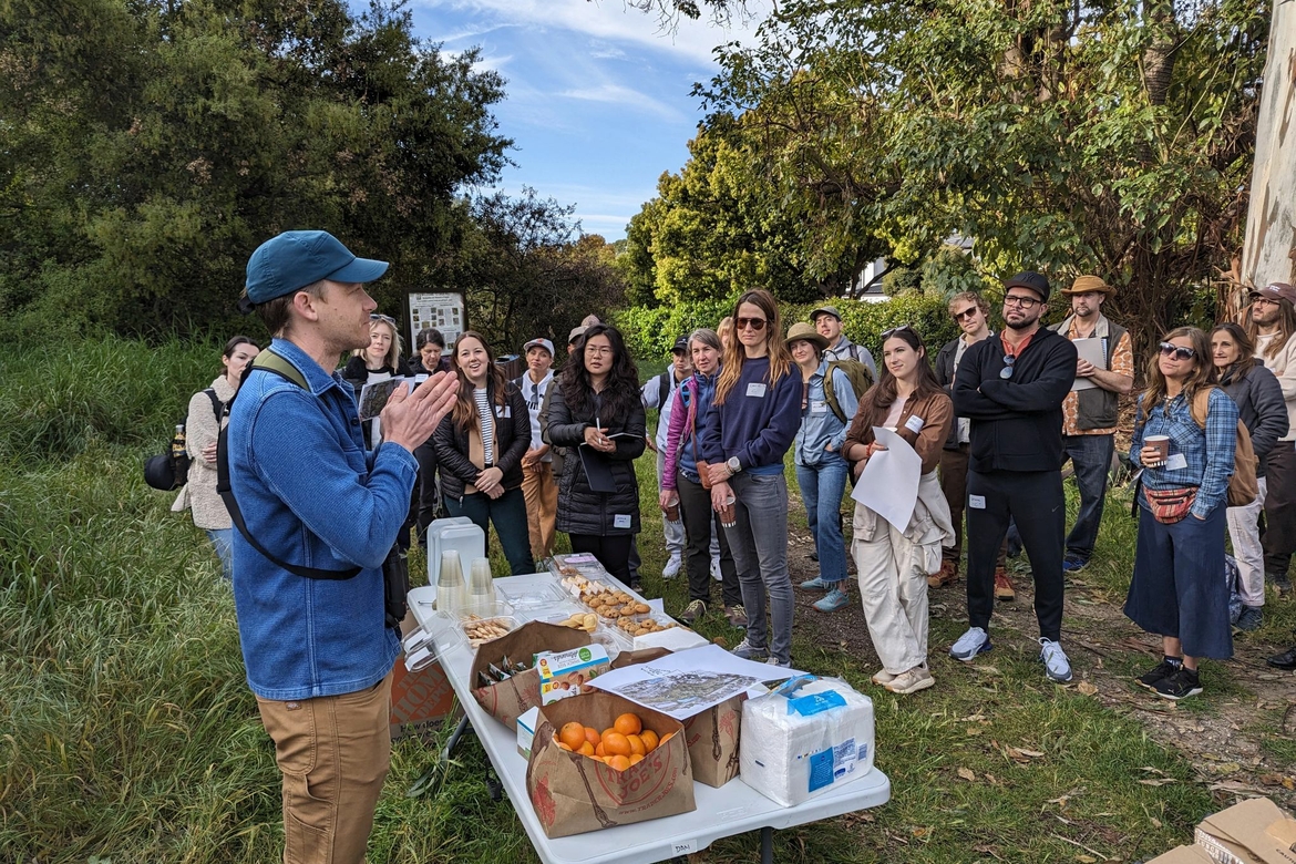 Andy Kleinhesselink (left) prepares to give students a tour of Sage Hill at UCLA