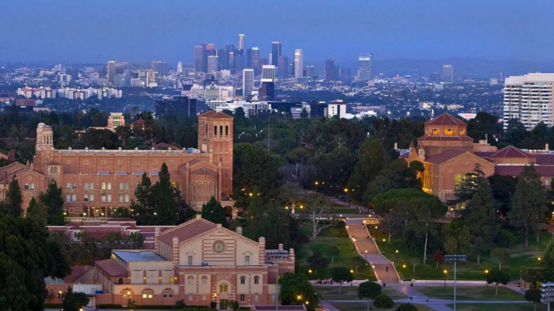 UCLA campus with downtown LA's skyline in the background