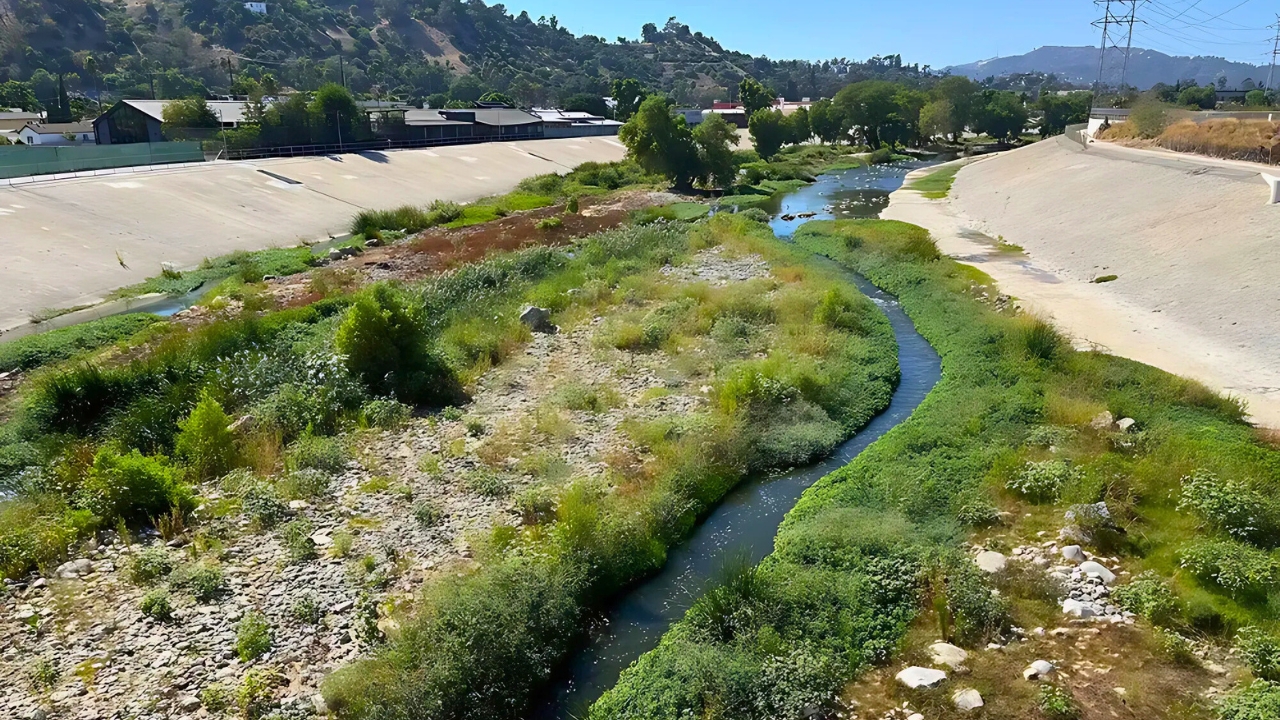 A view of the soft-bottomed Los Angeles River below the 400-foot-long Taylor Yard Bridge in Elysian Valley. The newest Taylor Yard parcel, currently fenced off as it undergoes toxic remediation, can be seen on the far right.